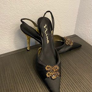 Black and Gold sling back pumps